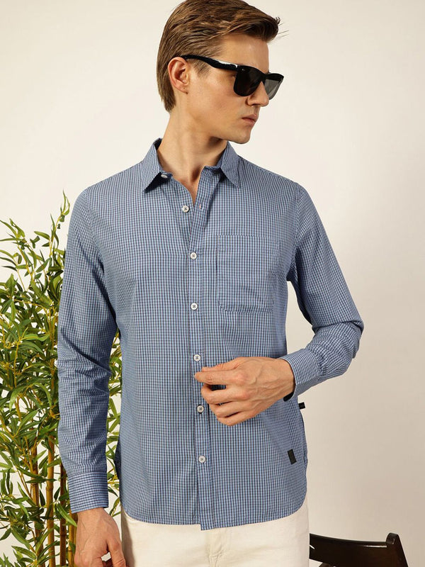 Thomas Scott Men Smart Spread Collar Micro Checked Cotton Slim Fit Casual Shirt