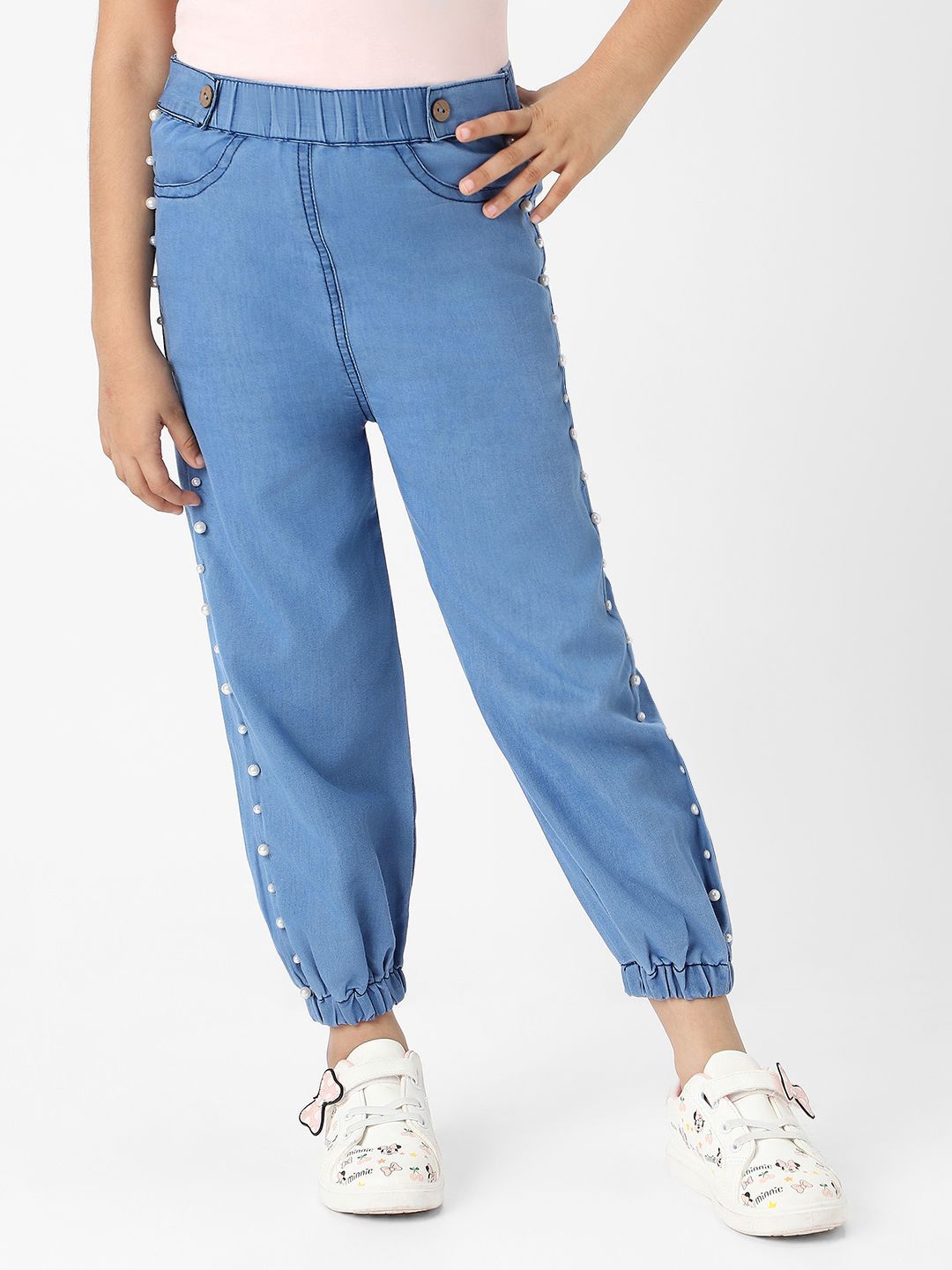 Nauti Nati  Girls Cotton Denim Jogger Jeans with Pearl Sequins - Skinny Fit
