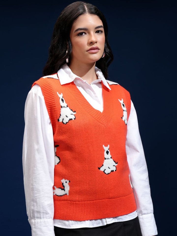 Tokyo Talkies Women Self Design V-neck Sleeveless Sweater Vest