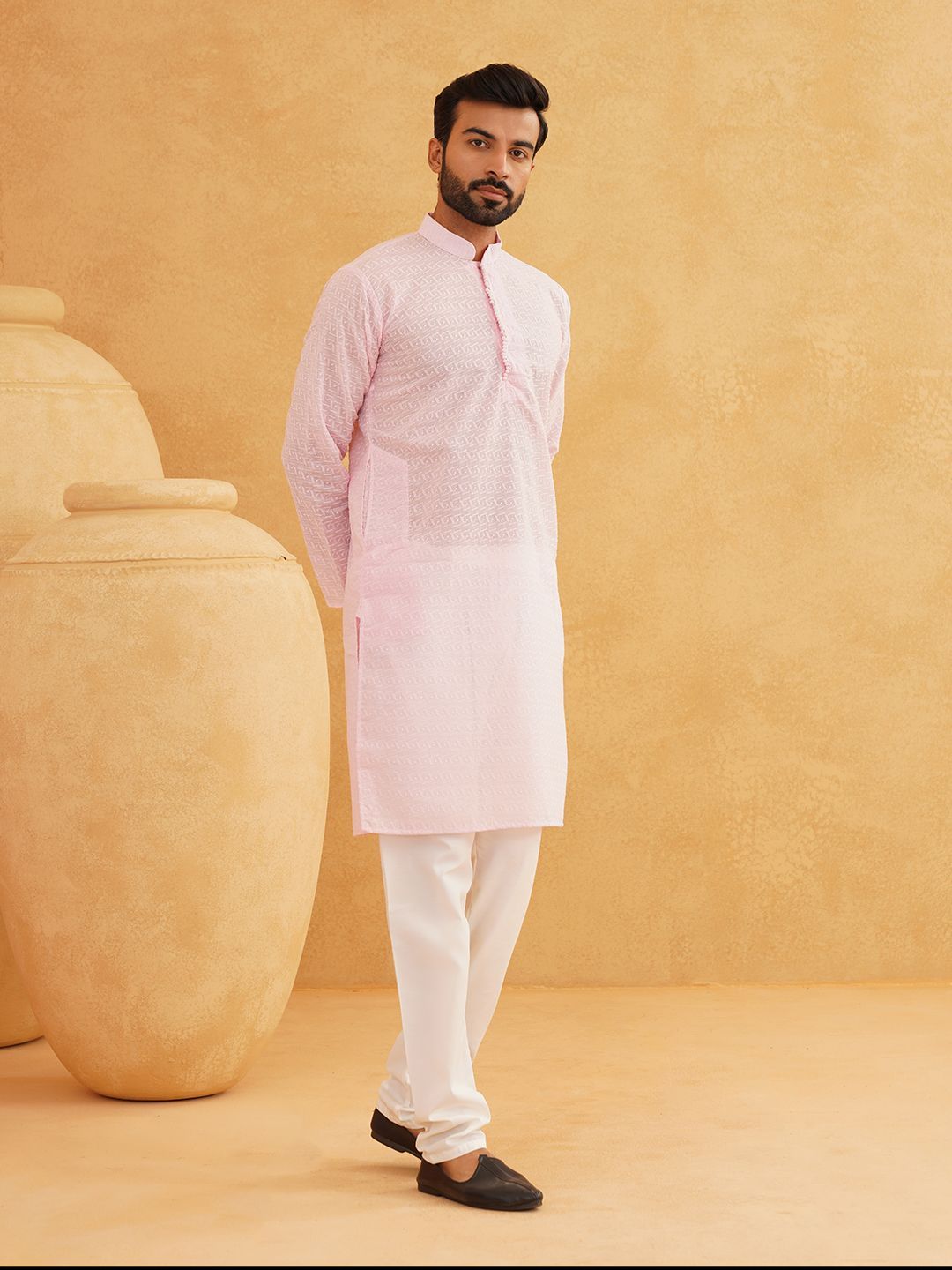 SOJANYA Kolar Mandarin Sulam Geometrik Pure Cotton Kurta Lurus