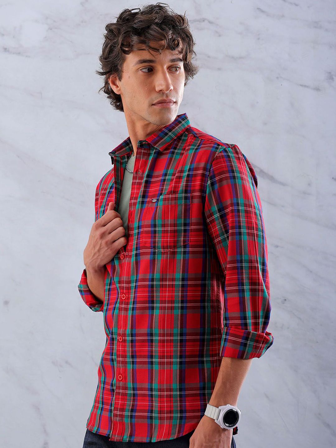 The Indian Garage Co Men Slim Fit Tartan Checks Casual Shirt