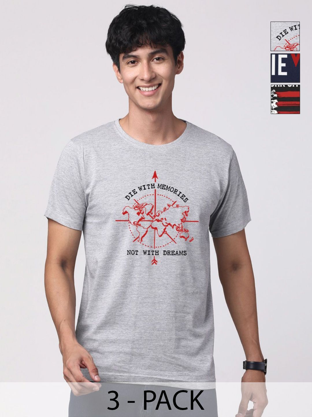 ADRO  Pack of 3 Printed Round Neck Cotton T-shirt