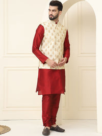 SOJANYA Mandarin Collar Zari Silk Cotton Straight Kurta dengan Piyama & jaket Nehru