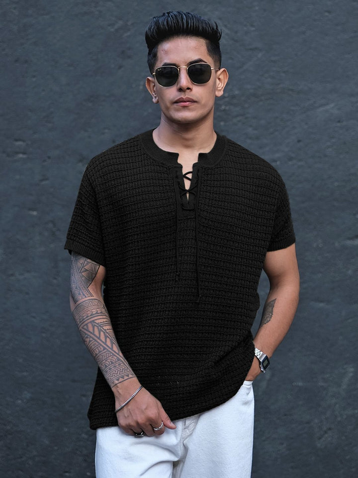 Powerlook Men Self Design Henley Neck T-Shirt