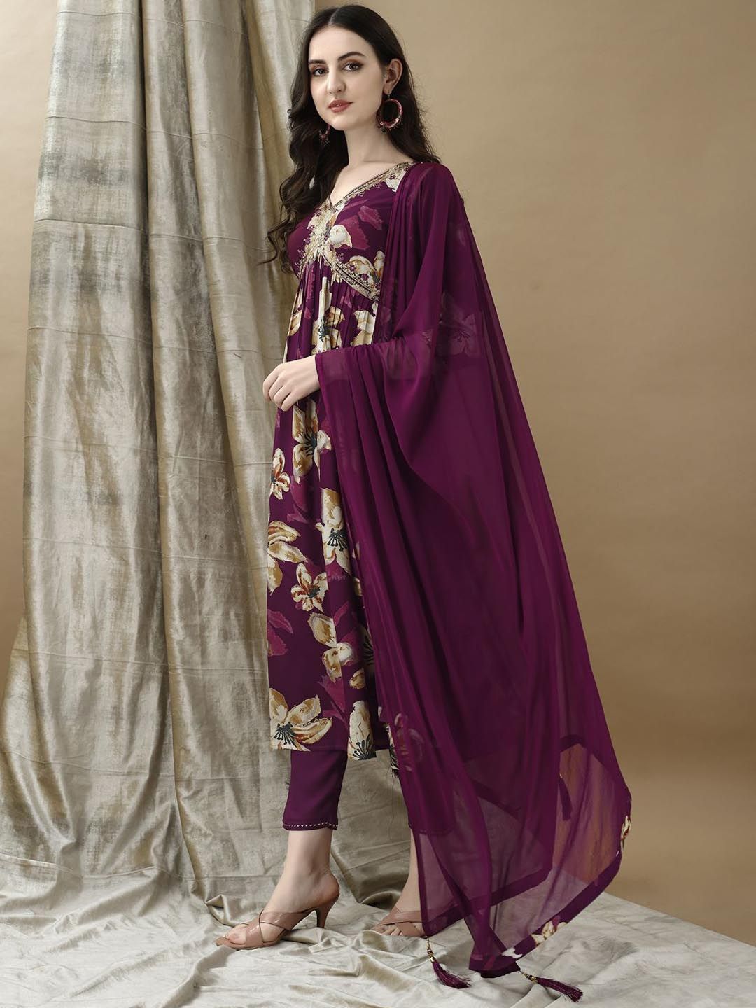 KALINI Women Floral Embroidered Pleated Sequinned Kurta with Trousers & With Dupatta