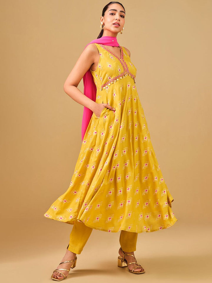 Global Desi Ethnic Motifs Printed Mirror Work Anarkali Kurta with Trousers & Dupatta