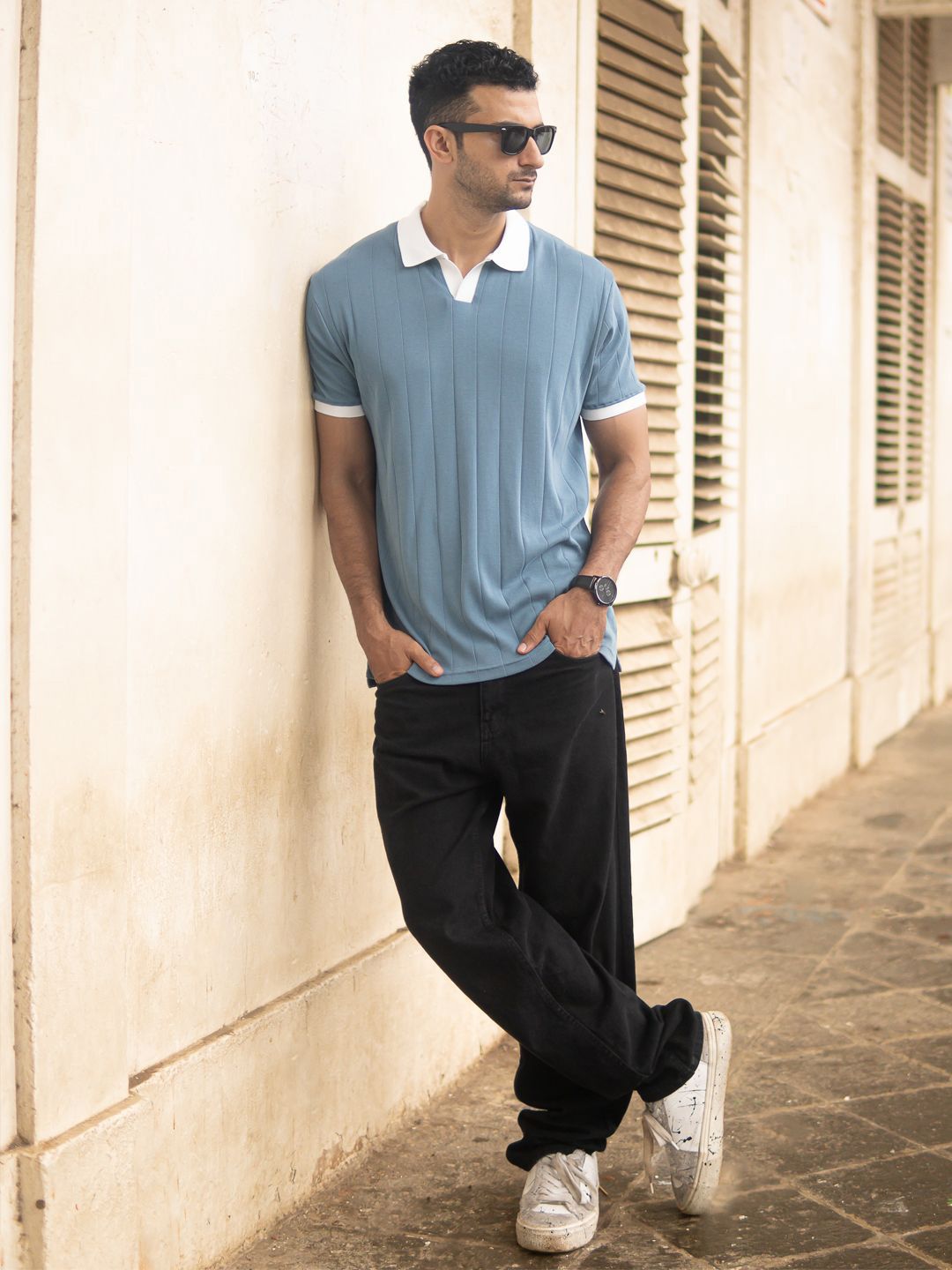 Powerlook SS25 Self Design Contrast Polo Collar Pure Cotton T-Shirt