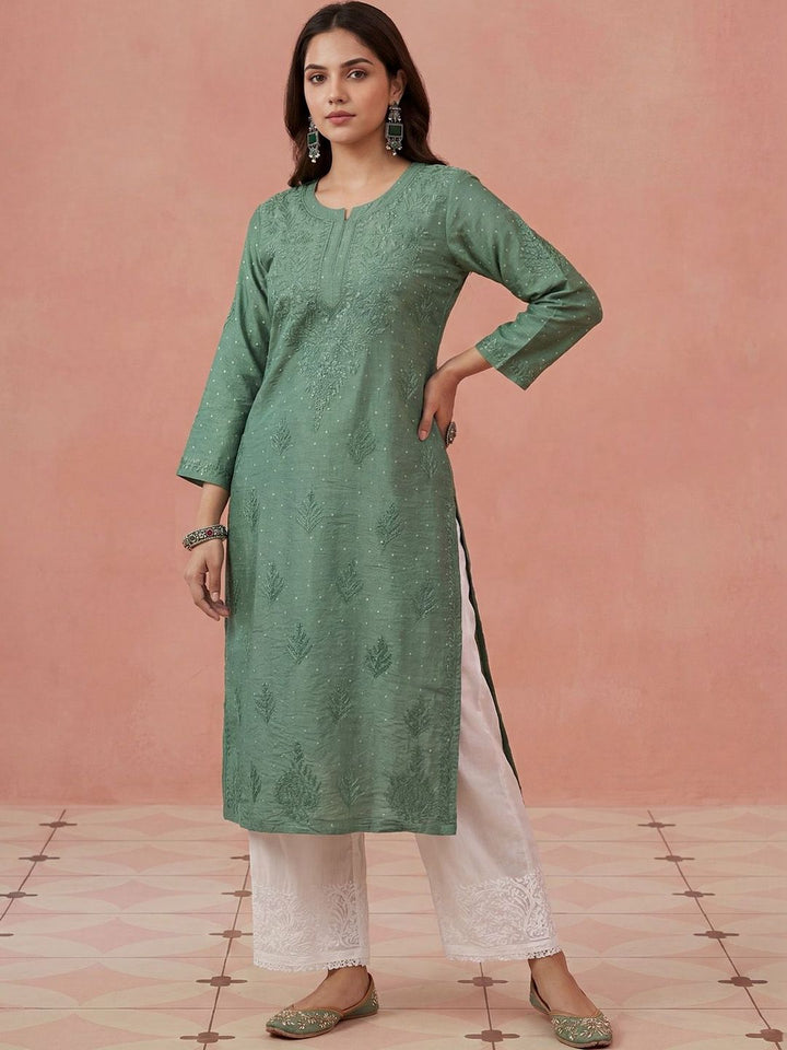 Rumah Wanita Chikankari Motif Etnik Sulam Benang Kerja Kurta Sutera Chanderi