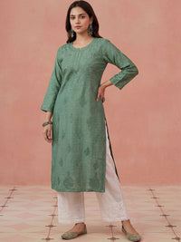 Rumah Wanita Chikankari Motif Etnik Sulam Benang Kerja Kurta Sutera Chanderi