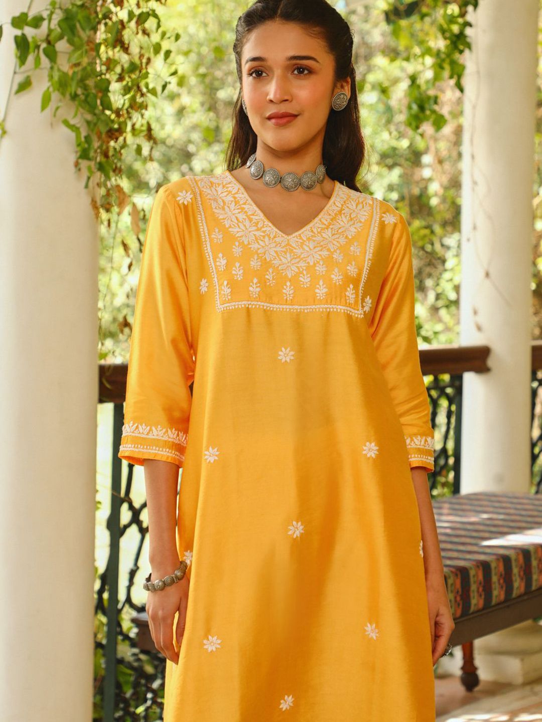 House of Chikankari Women Yellow Chanderi Chikankari Embroidered Kurta