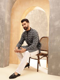 Anouk Black And White Floral Embroidered Band Collar Pure Cotton Kurta With Trouser