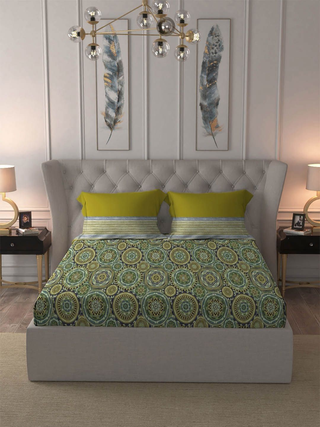 MYTRIDENT Blair Green Dusk & Dawn Flat 144TC Queen Cotton 1 Bedsheet with 2 Pillow Covers