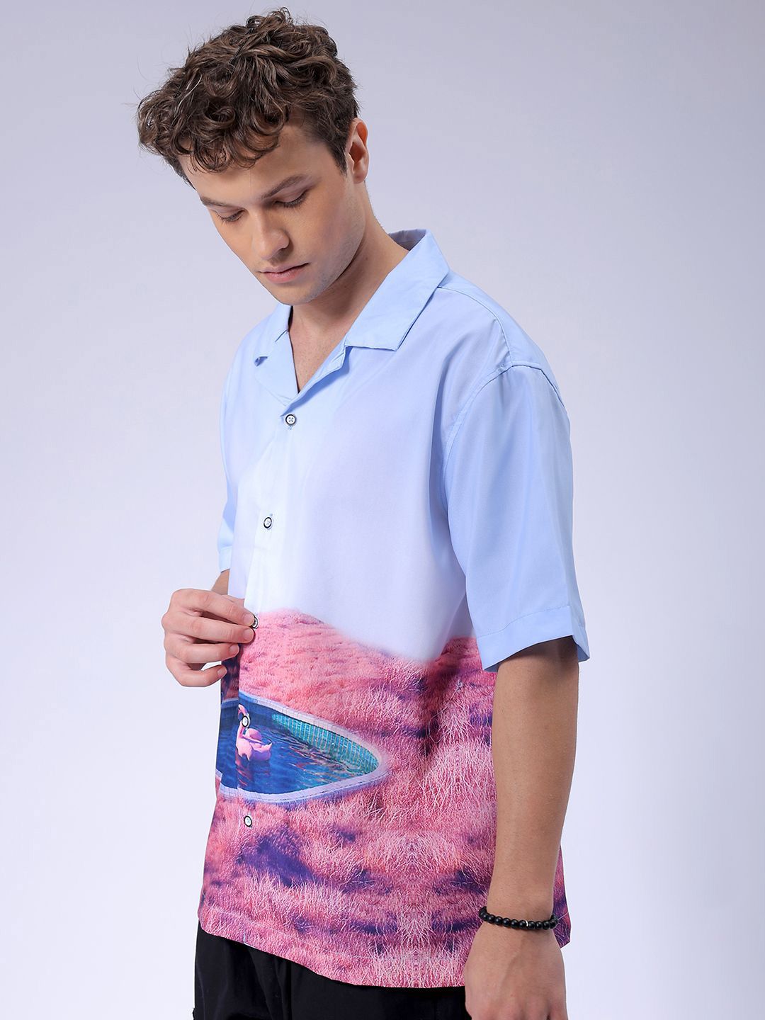The Indian Garage Co Men Cuban Collar Graphic Printed Oversized Resortwear Shirt