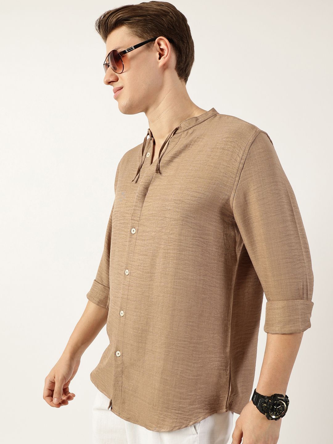Thomas Scott Men Classic Mandarin Collar Solid Slim Fit Casual Shirt