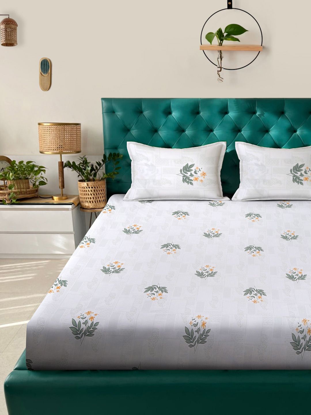 KLOTTHE White Floral Printed 400TC Kapas Tulen Cadar Super King Dengan 2 Sarung Bantal