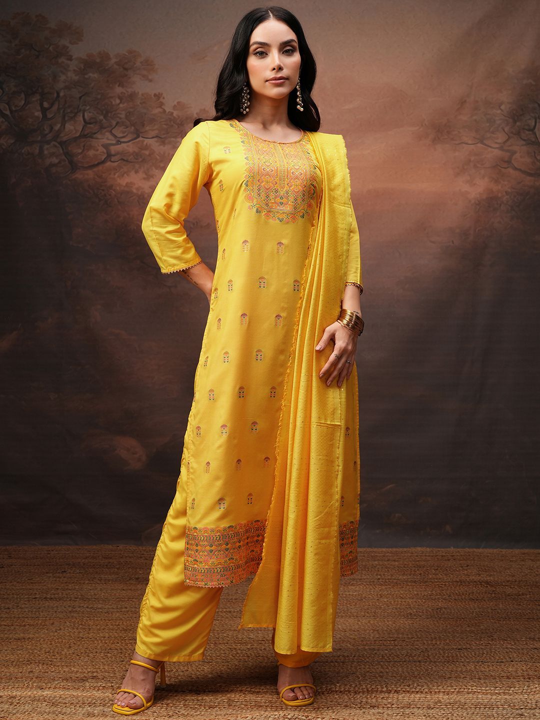 Vishudh Women Straight Jacquard Kurta With Pant & Dupatta