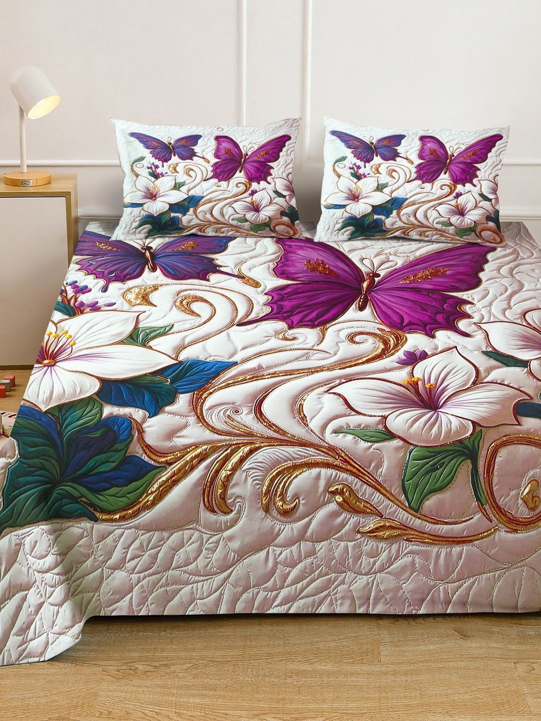 KLOTTHE White & Purple Printed 400 TC Double Bedsheet With 2 Pillow Covers-98.4 x 88.5Inch
