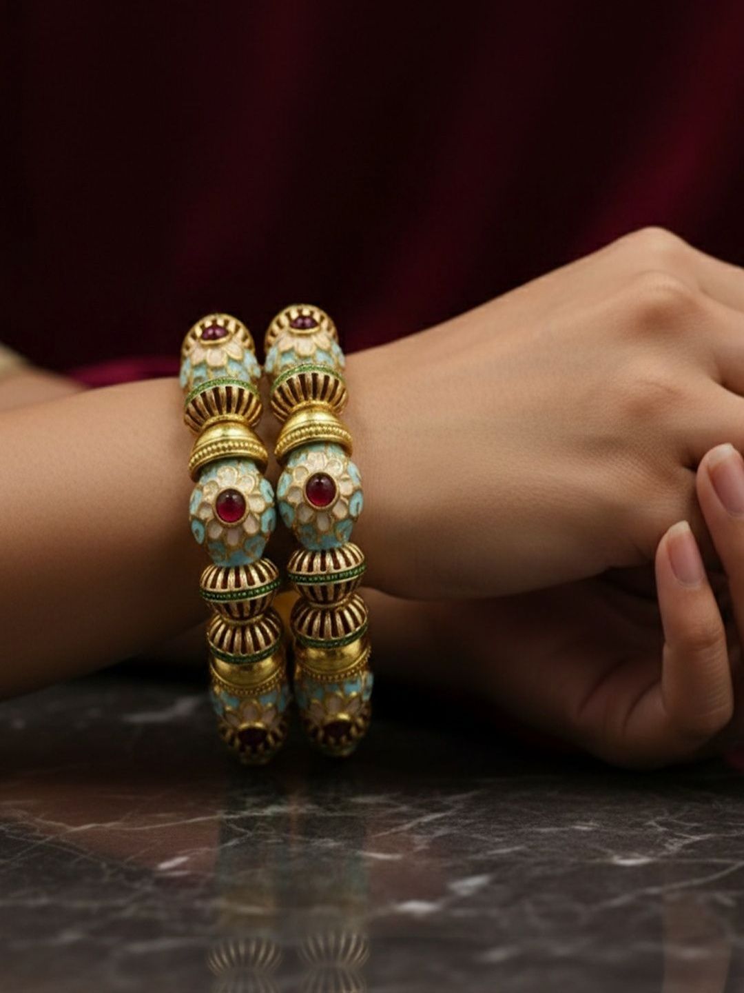 PANASH Set Of 2 24KT Gold-Plated Ruby & Emerald Stones Studded Flower Shaped Bangles