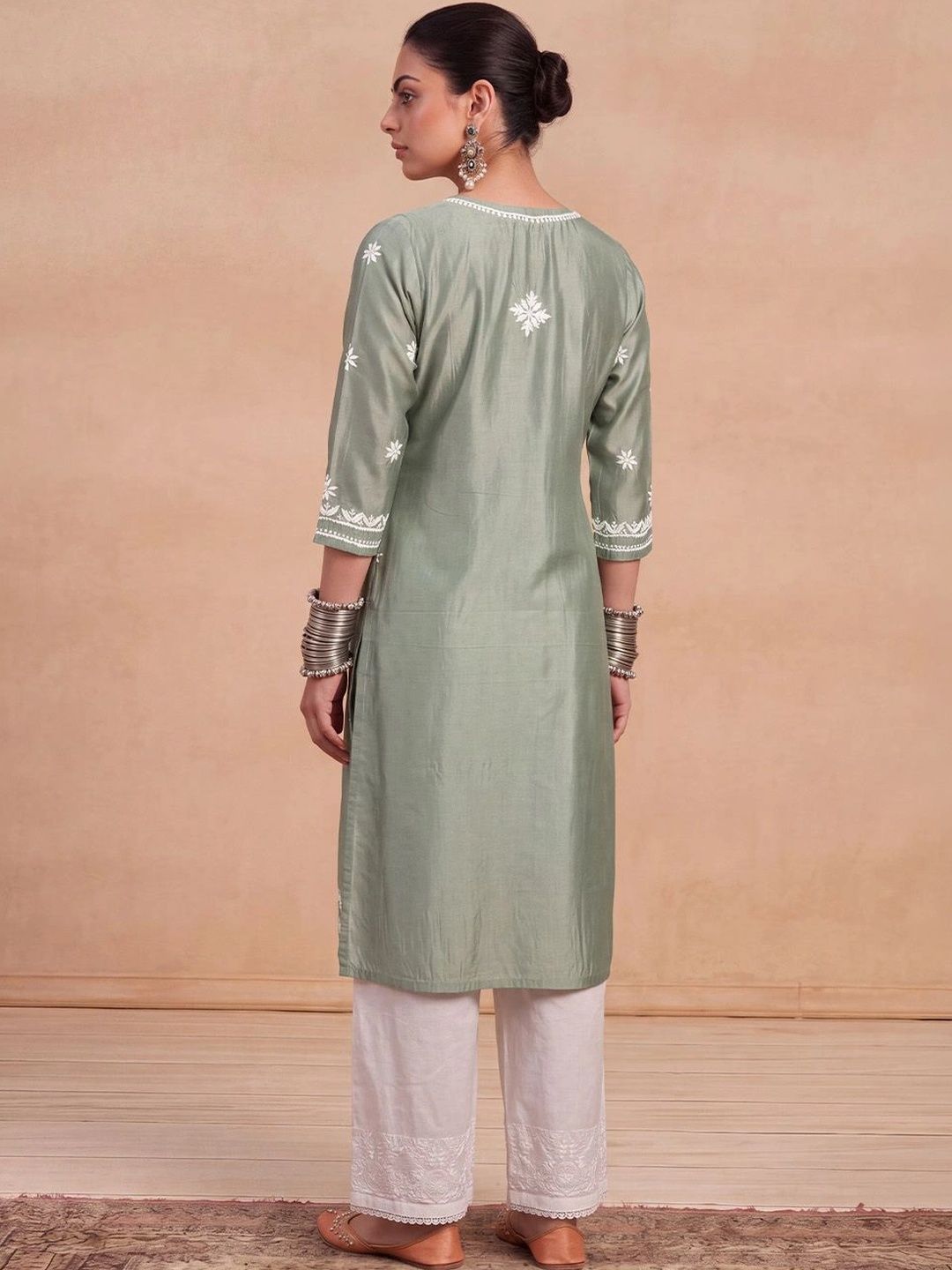 House of Chikankari Women Ethnic Motifs Embroidered Chikankari Chanderi Silk Kurta