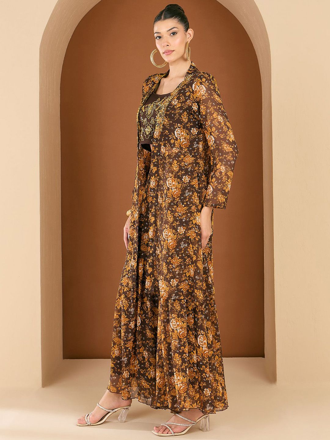 Antheaa embellished Printed Square Neck Top Jacket & Trousers Co-Ords Set