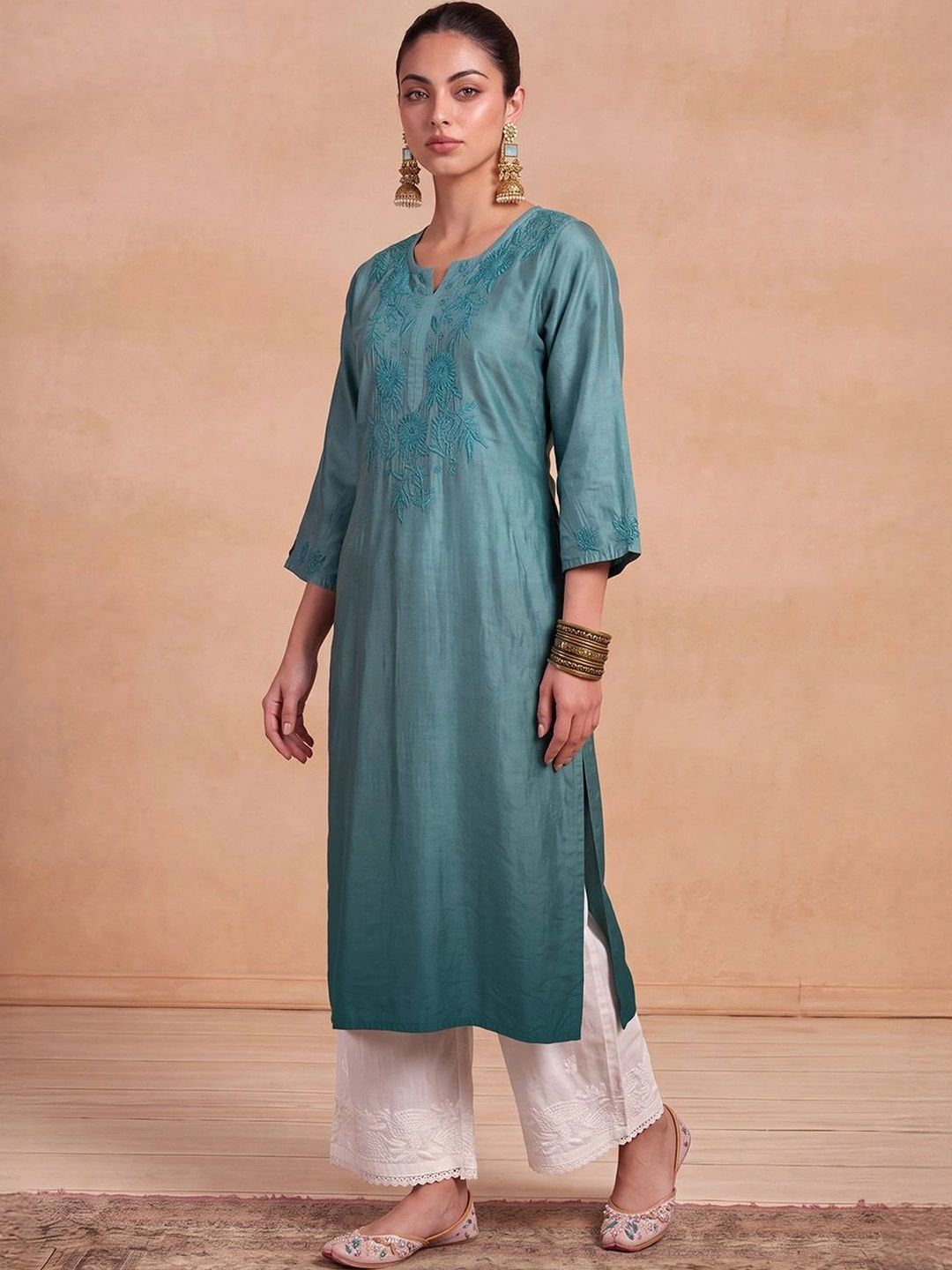 House of Chikankari Women Embellished Thread Work Chanderi Silk Kurta