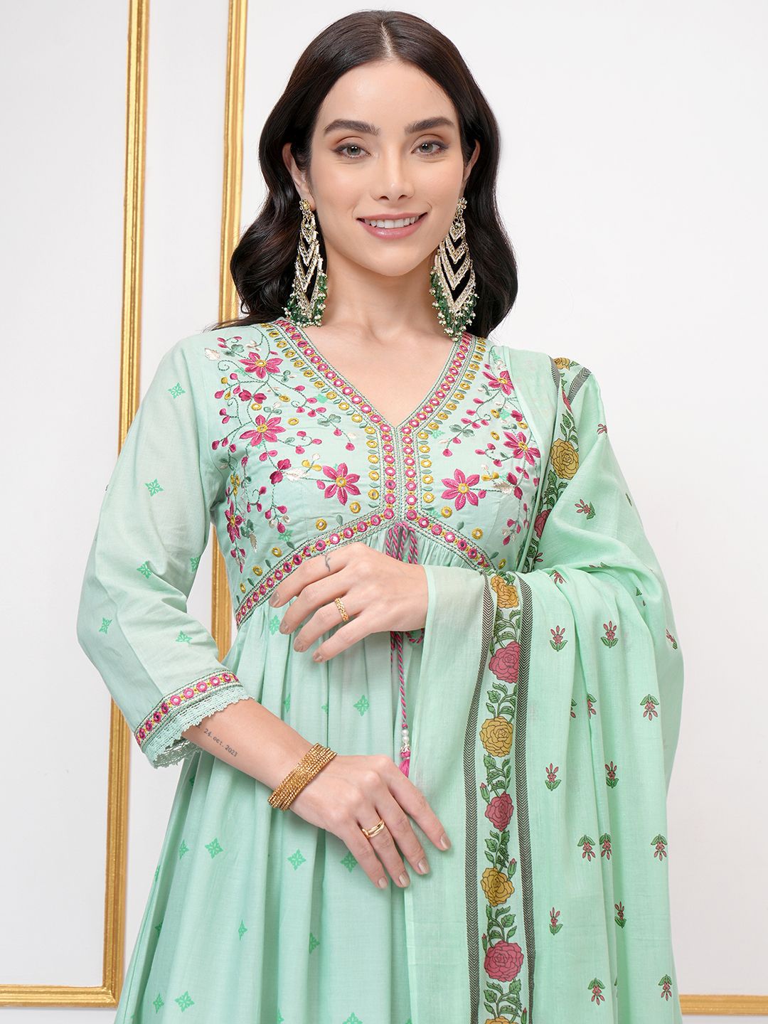 Vishudh Floral Printed Empire Thread Work Pure Cotton Kurta With Trouser With Dupatta