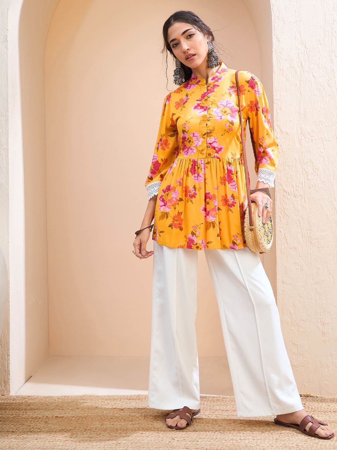 Shae by SASSAFRAS Floral Printed Shirt Collar Pleated Kurti