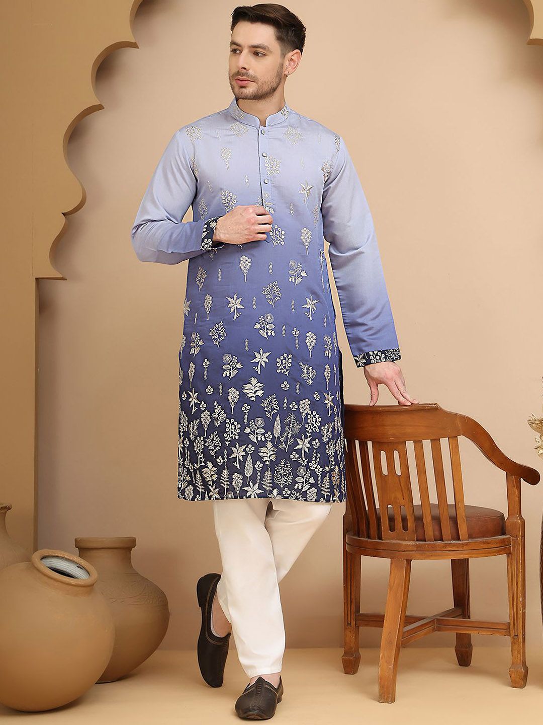 Jompers Men Floral Embroidered Regular Thread Work Kurta with Pyjamas