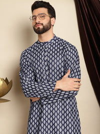 Kurta Kolar Jalur Bercetak Motif Etnik Biru Laut Anouk dengan Churidar
