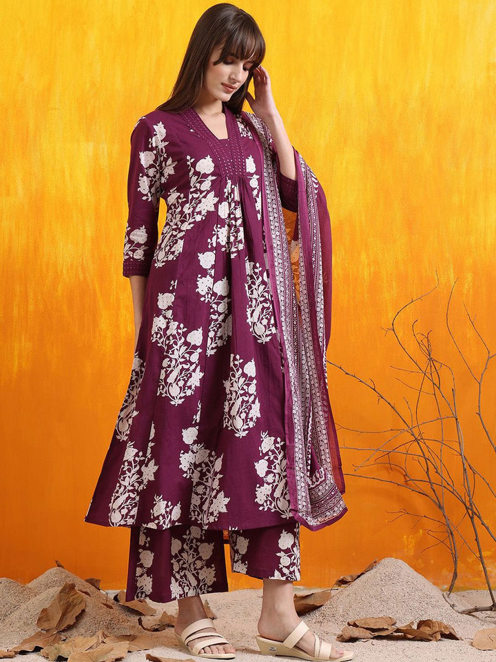 KALINI Floral Printed Pleated V-Neck Sequinned A-Line Kurta With Palazzos And Dupatta