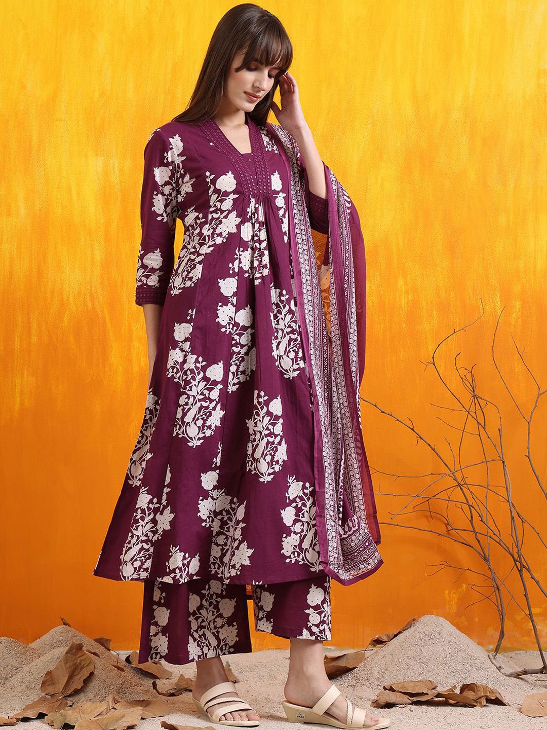 KALINI Floral Printed Pleated V-Neck Sequinned A-Line Kurta With Palazzos And Dupatta