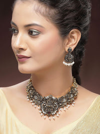 KARATCART Gold-Plated Artificial Stone-Studded & Beaded Laxmi Mata Temple Jewellery Set
