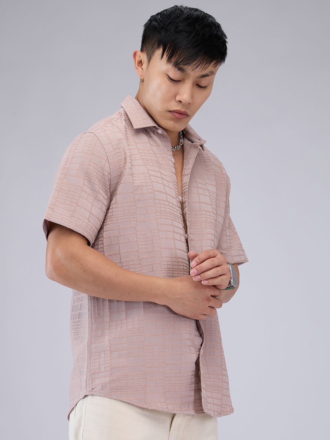 VASTRADO Men Classic Cutaway Collar Textured Slim Fit Casual Shirt