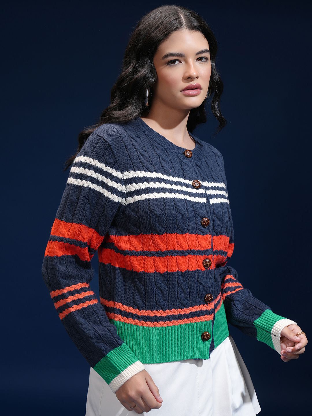 ESPYR By Tokyo Talkies Women Cable Knit Self Design Cardigan