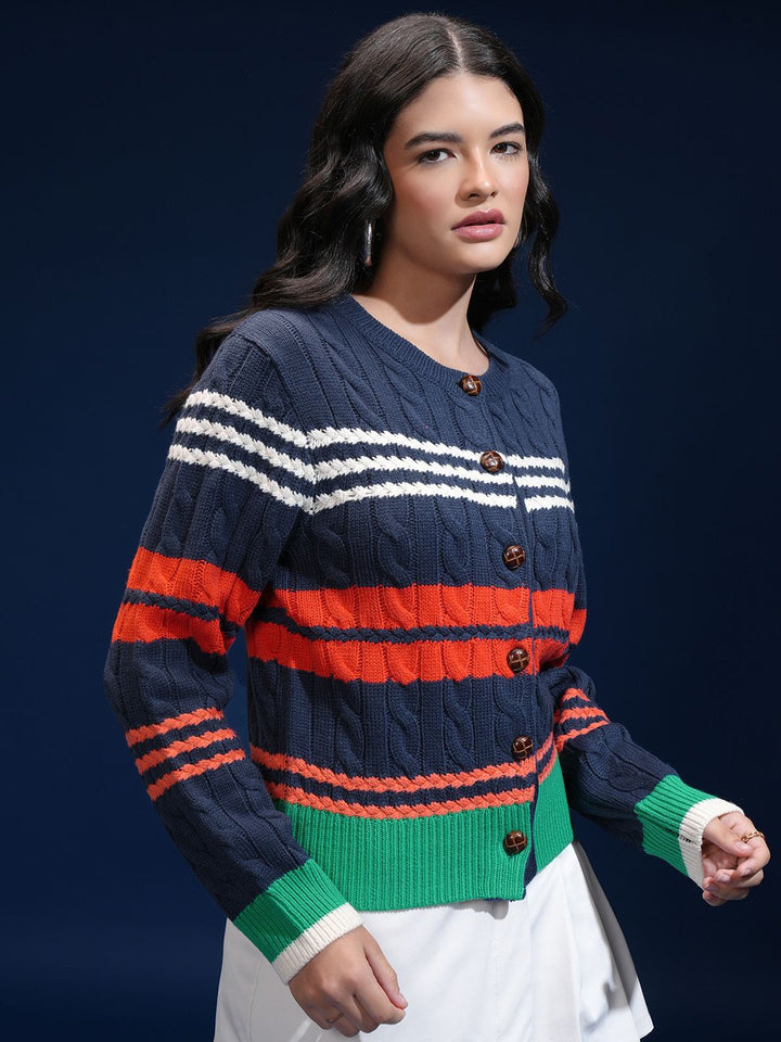 ESPYR By Tokyo Talkies Women Cable Knit Self Design Cardigan