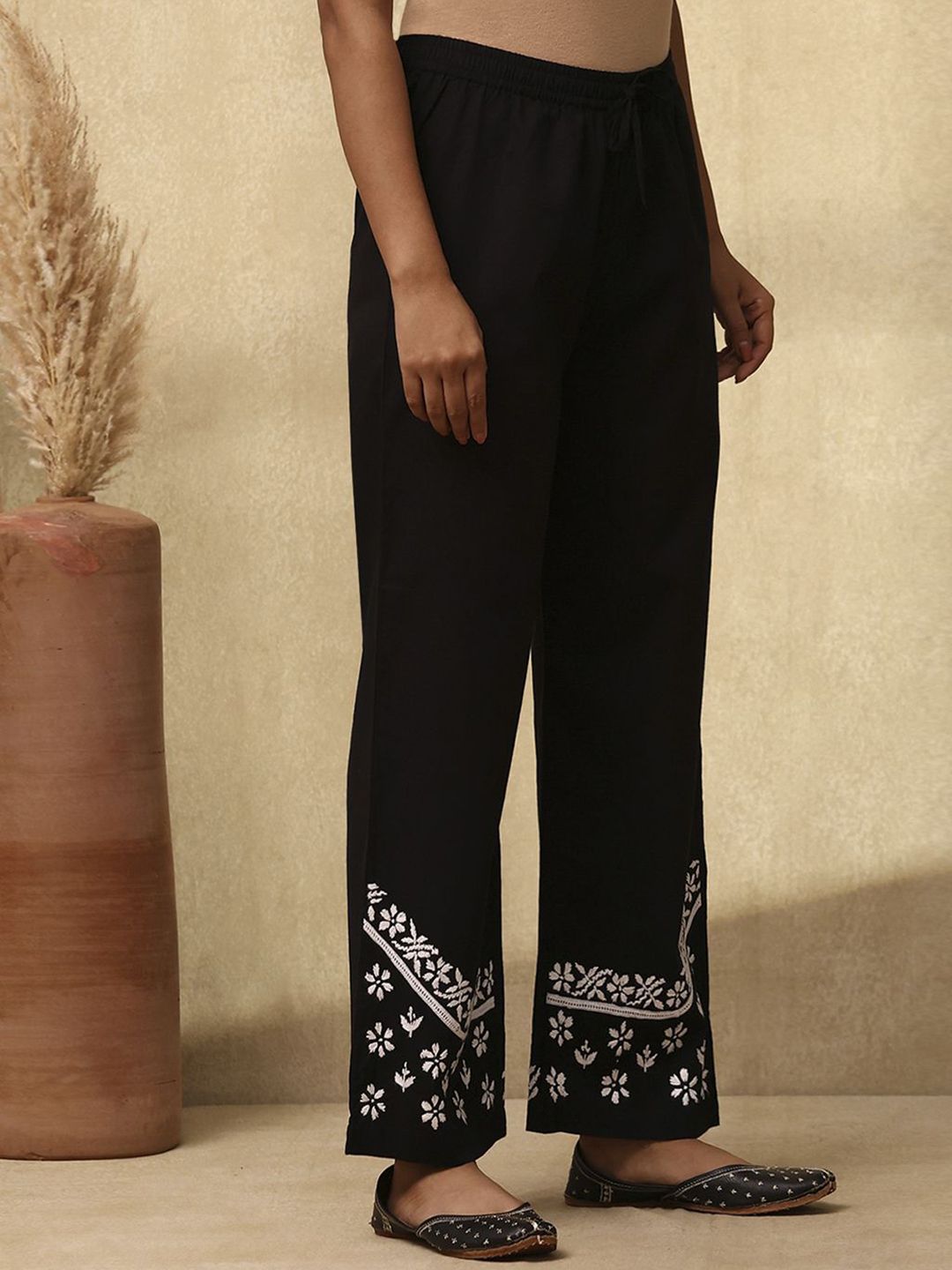House of Chikankari Women Black Cotton Chikankari Embroidered Palazzo