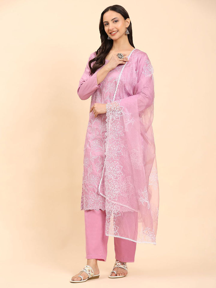Mamicha Women Floral Embroidered Regular Pure Cotton Kurta with Palazzos & With Dupatta