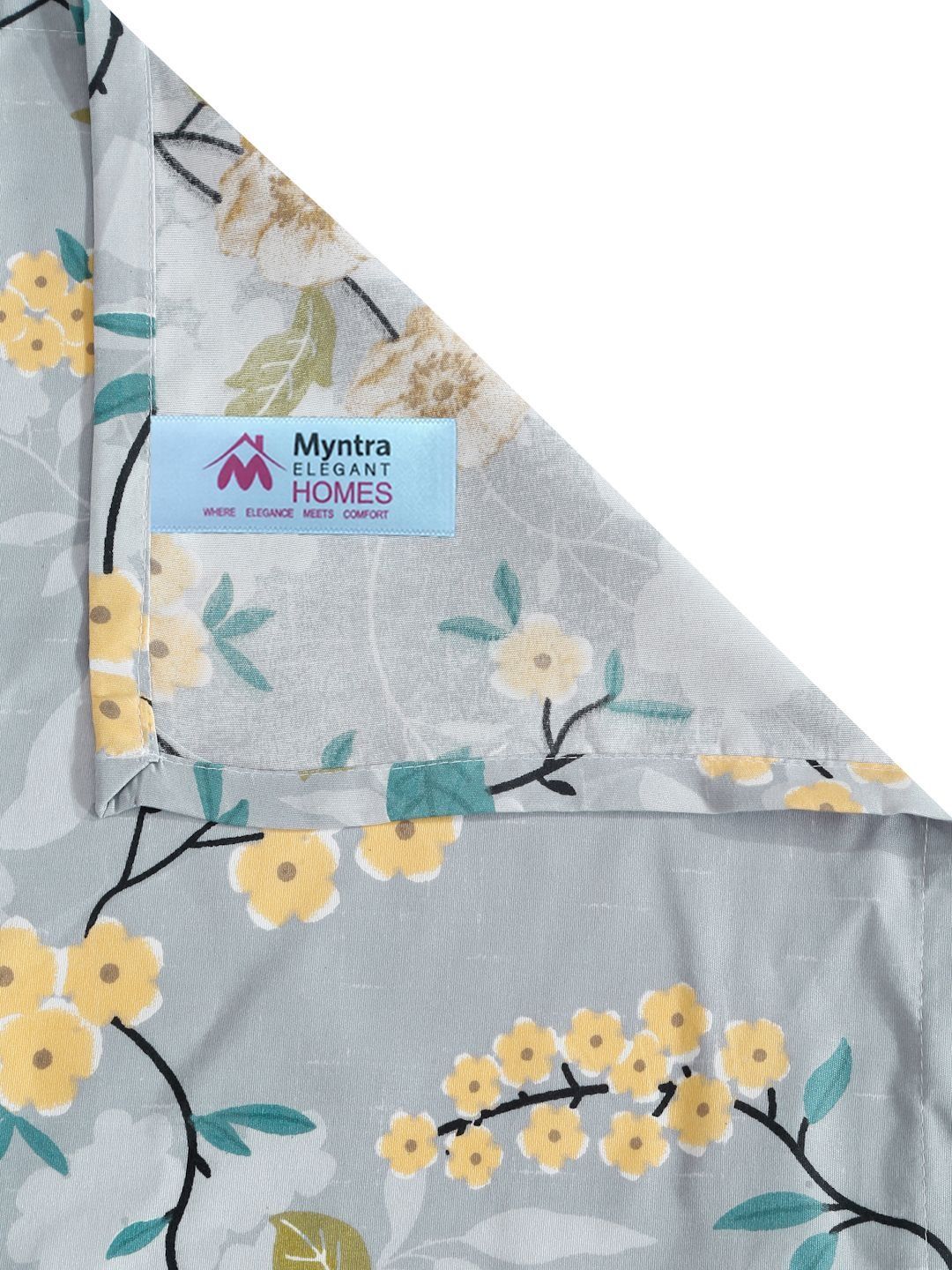 Myntra Elegant Homes Grey & Yellow Floral 300 TC King Cadar dengan 2 Sarung Bantal