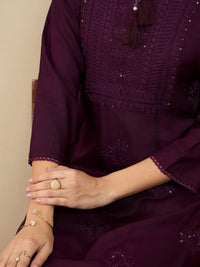 Indo Era Burgundy Floral Embroidered Tie Up Neck Straight Kurta