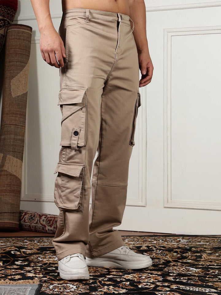 Eszett Men Cream High-Rise Easy Wash Cotton Cargos Seluar Biasa Fit