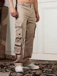Eszett Men Cream High-Rise Easy Wash Cotton Cargos Seluar Biasa Fit