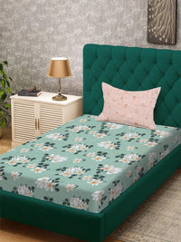 KLOTTHE Green Floral 300 TC Single Bedsheet With 1 Pillow Covers
