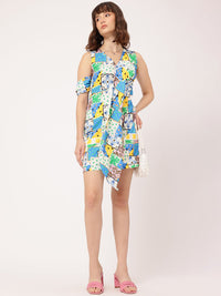 DressBerry Cute & Confident Printed Sleeveless Layered & Pleated Wrap Mini Dress