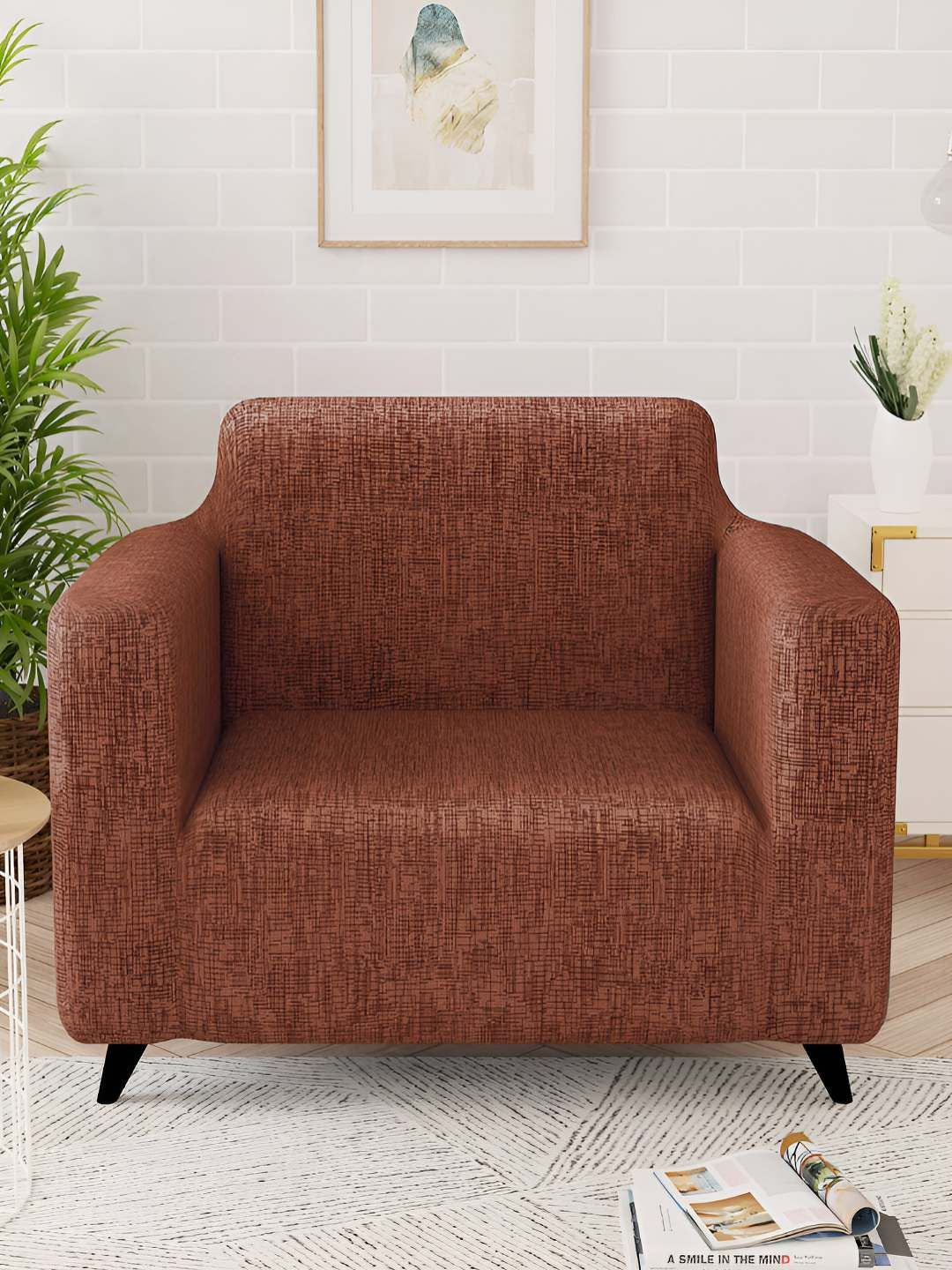 Story@home Brown Printed 1 Seater Stretchable Sofa Cover With Arms