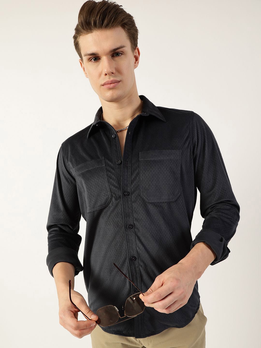 Thomas Scott Men Classic Spread Collar Textured Slim Fit Casual Shirt