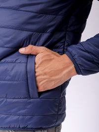 The Indian Garage Co Men Blue Solid Detachable Hood Quilted Jacket