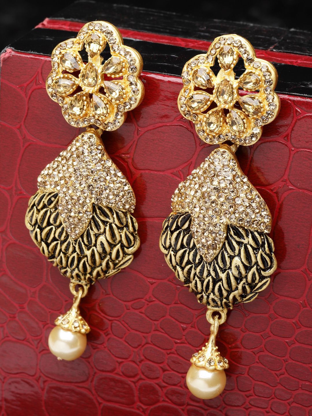 Anouk Gold-Plated Stone Studded & Beaded Crescent Shaped Drop Earrings