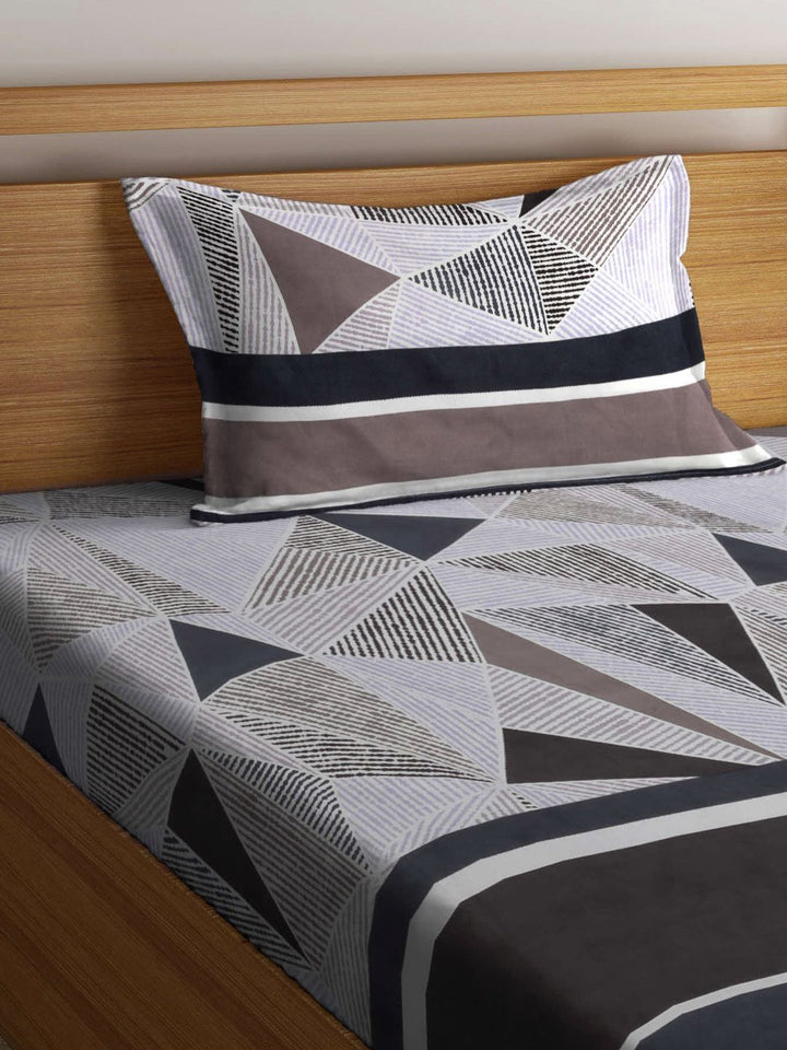 Myntra Elegant Homes Grey & Blue Geometric 300 TC Single Bedsheet with 1 Pillow Covers