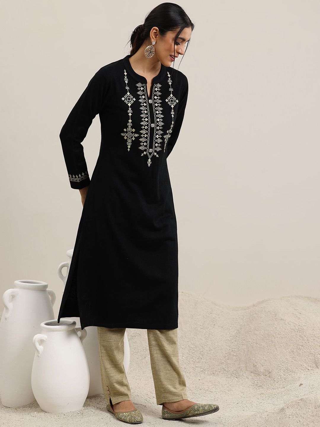 Libas Yoke Design Mandarin Collar Straight Kurta With Trousers & Dupatta
