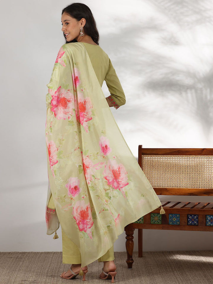 Libas Floral Embroidered Thread Work Pure Cotton Straight Kurta With Palazzos & Dupatta